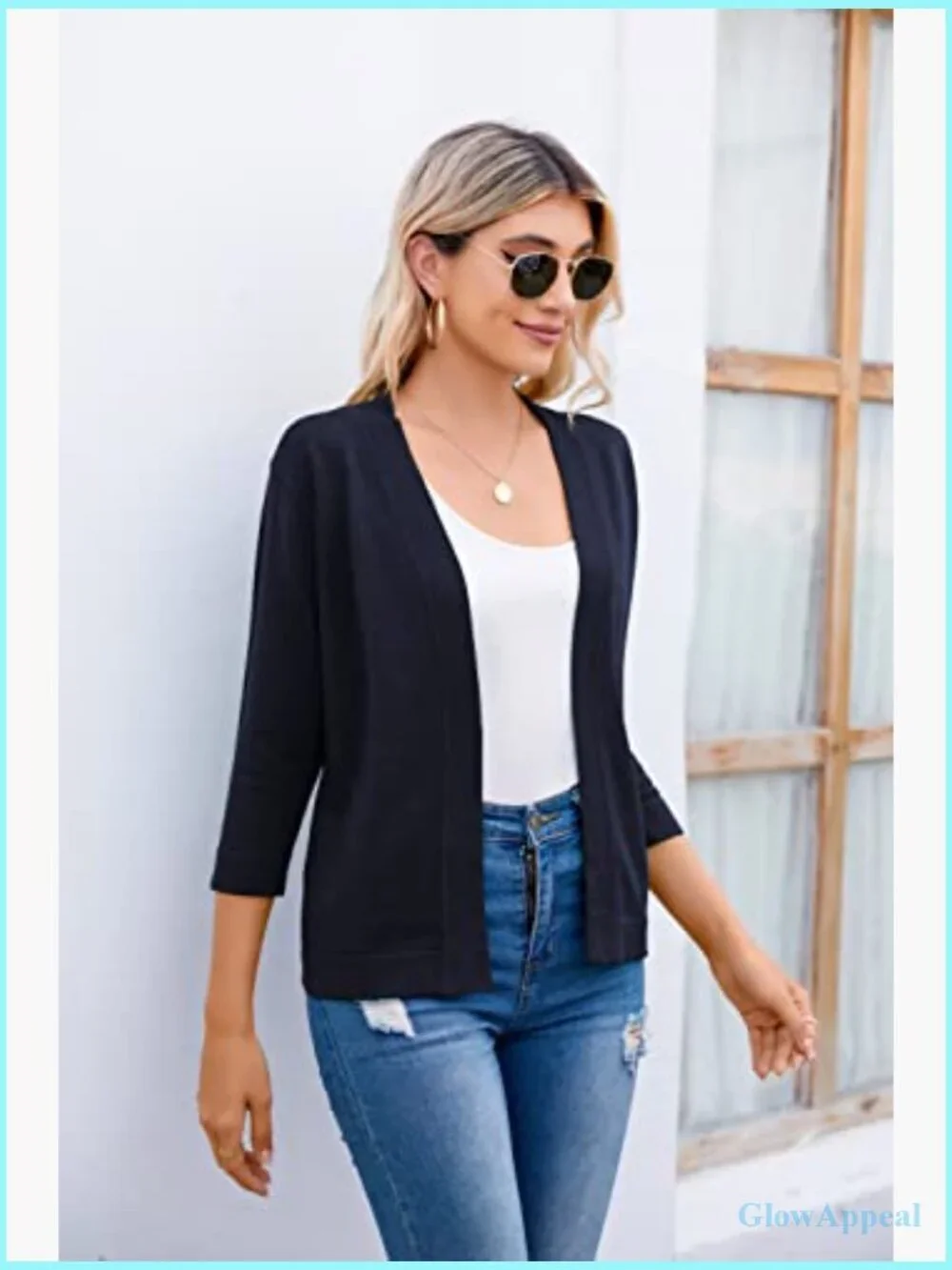 3/4 Sleeve Open Front Cropped Cardigan Sweater Lightweight Shrug